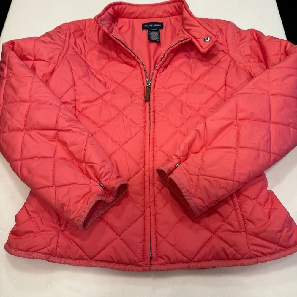 Ralph Lauren Girls Quilted Jacket Pink Zip Up Snap Collar Sz 8-10